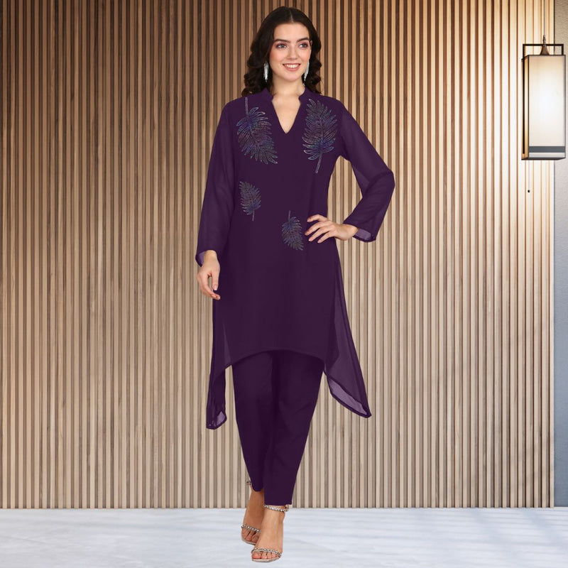 Women Sequins Motifs Embellished Asymmetric Kurti Pant Set