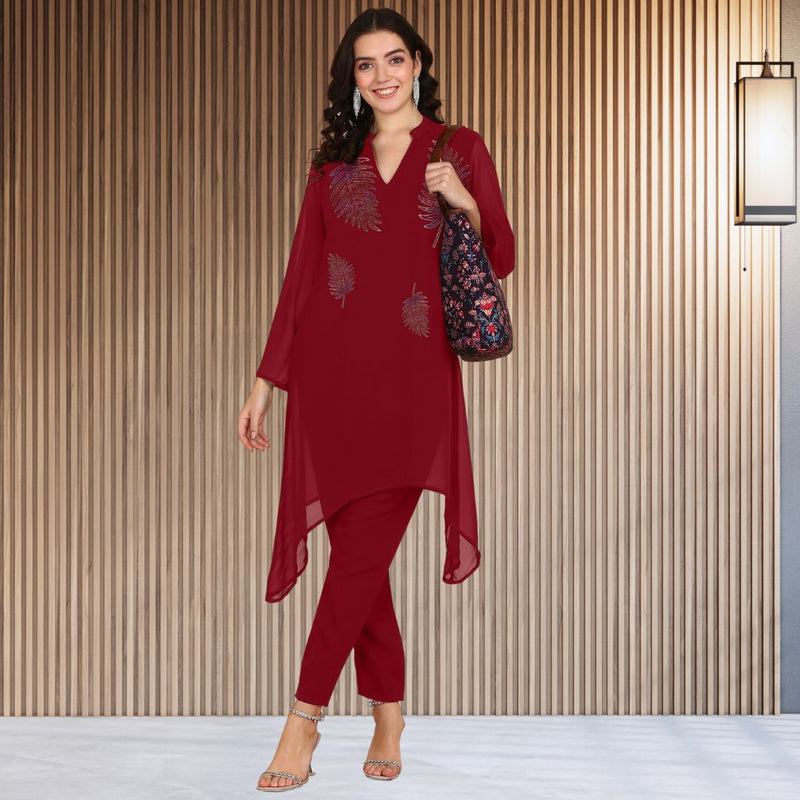 Women Sequins Motifs Embellished Asymmetric Kurti Pant Set