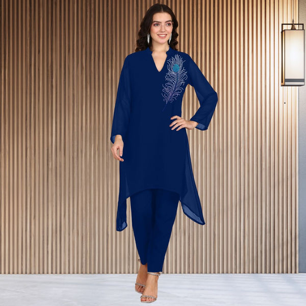 Women Sequins Motifs Embellished Asymmetric Kurti Pant Set