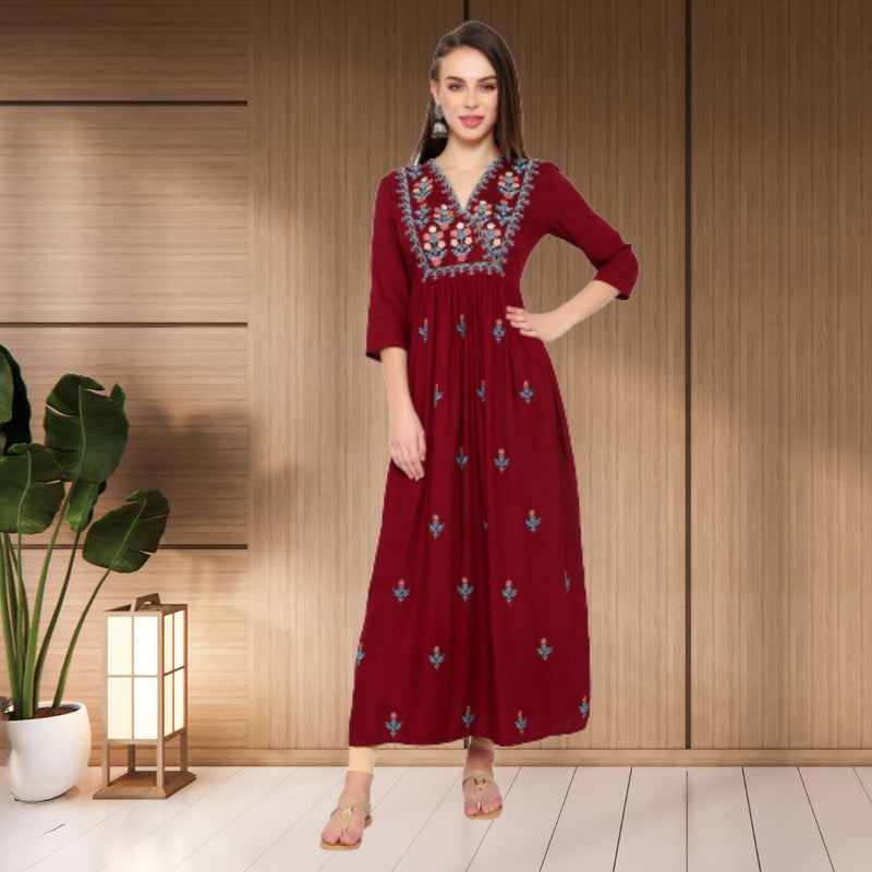 WOMEN FLORAL EMBROIDED KURTI SHV 29 MAROON