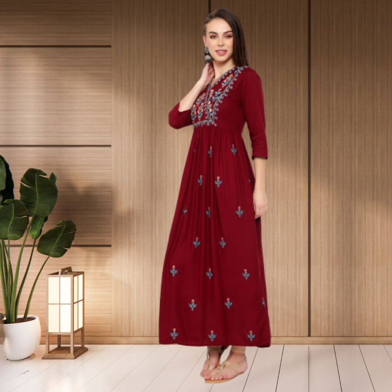 WOMEN FLORAL EMBROIDED KURTI SHV 29 MAROON