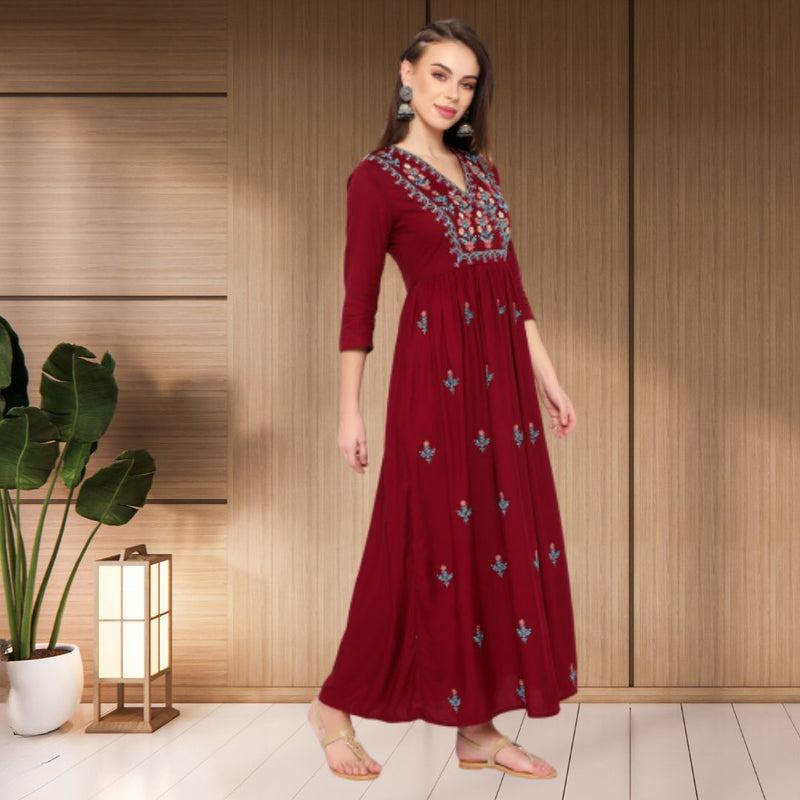 WOMEN FLORAL EMBROIDED KURTI SHV 29 MAROON