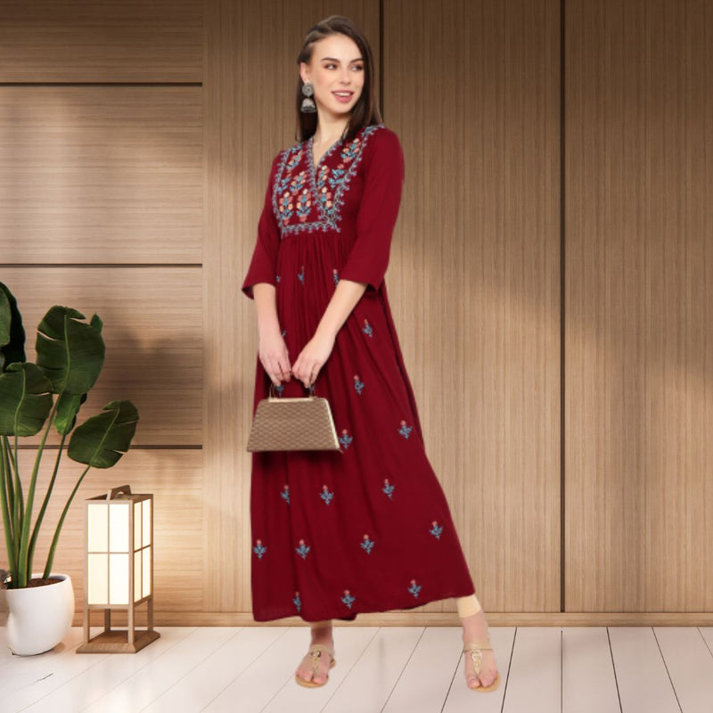 WOMEN FLORAL EMBROIDED KURTI SHV 29 MAROON