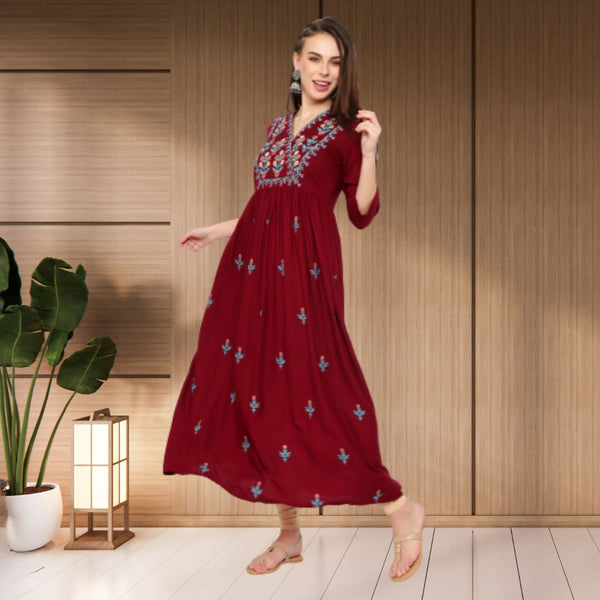 WOMEN FLORAL EMBROIDED KURTI SHV 29 MAROON