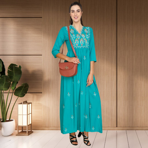 WOMEN FLORAL EMBROIDED KURTI SHV 29 TURQUOISE