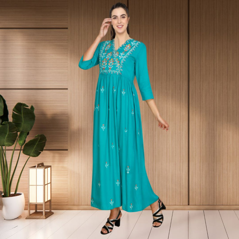 WOMEN FLORAL EMBROIDED KURTI SHV 29 TURQUOISE