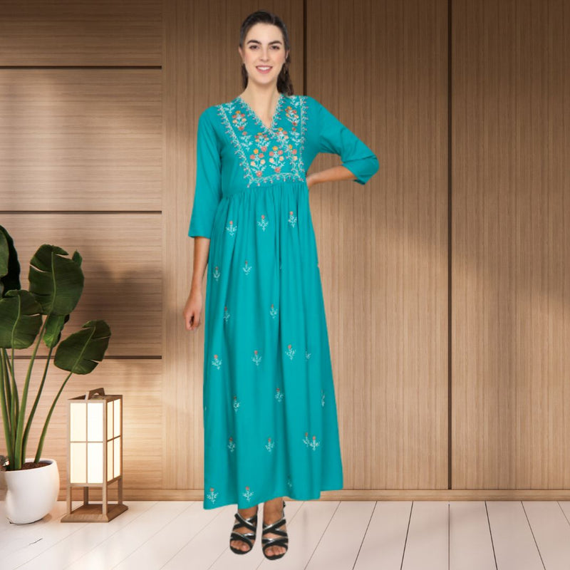 WOMEN FLORAL EMBROIDED KURTI SHV 29 TURQUOISE