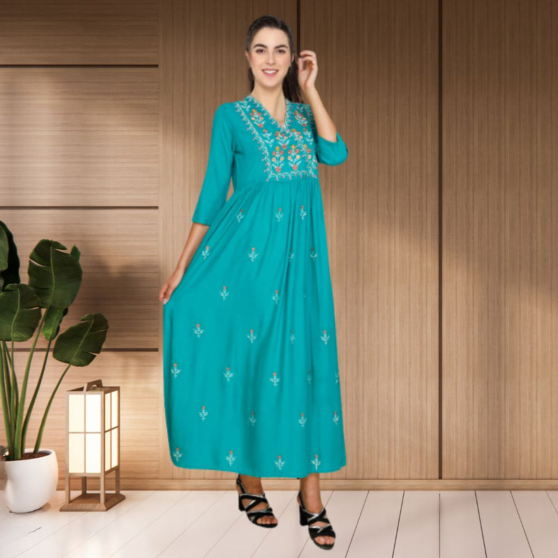 WOMEN FLORAL EMBROIDED KURTI SHV 29 TURQUOISE