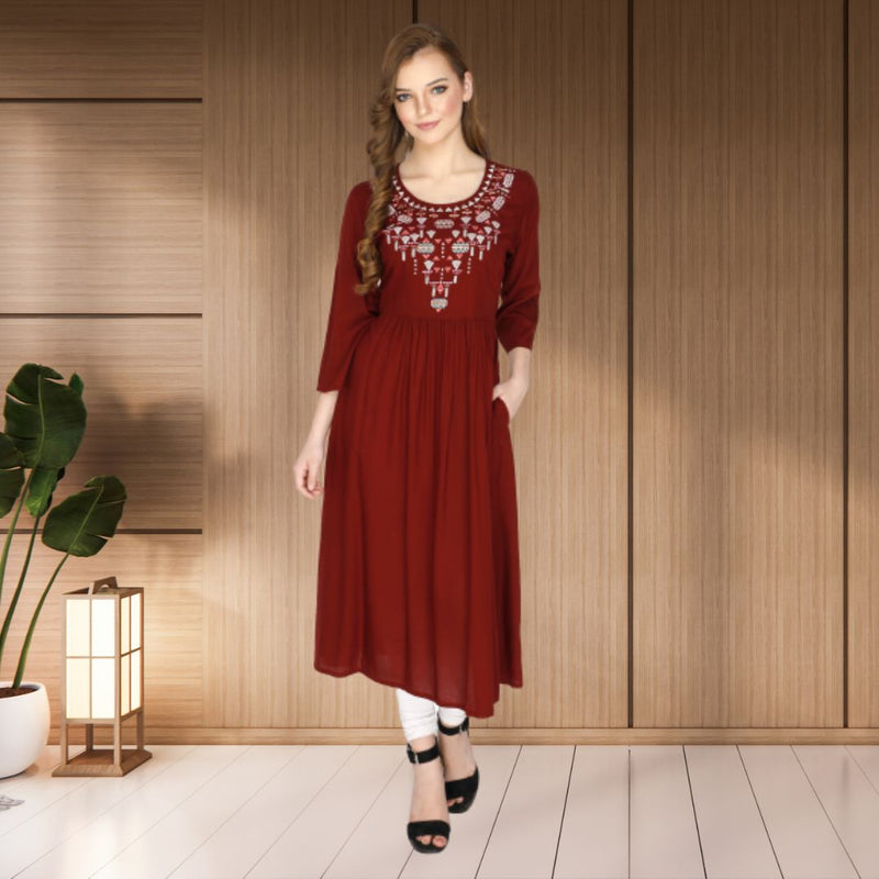 geometric embroided ethnic anarkali rayon kurti