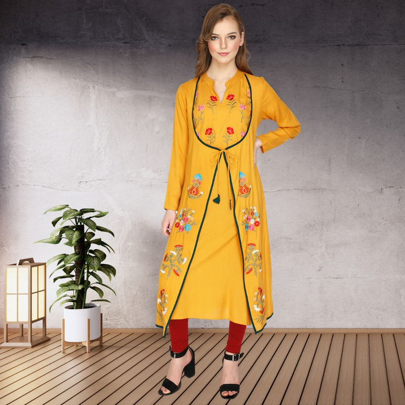 Shrug Style Floral Embroidered Rayon Kurti