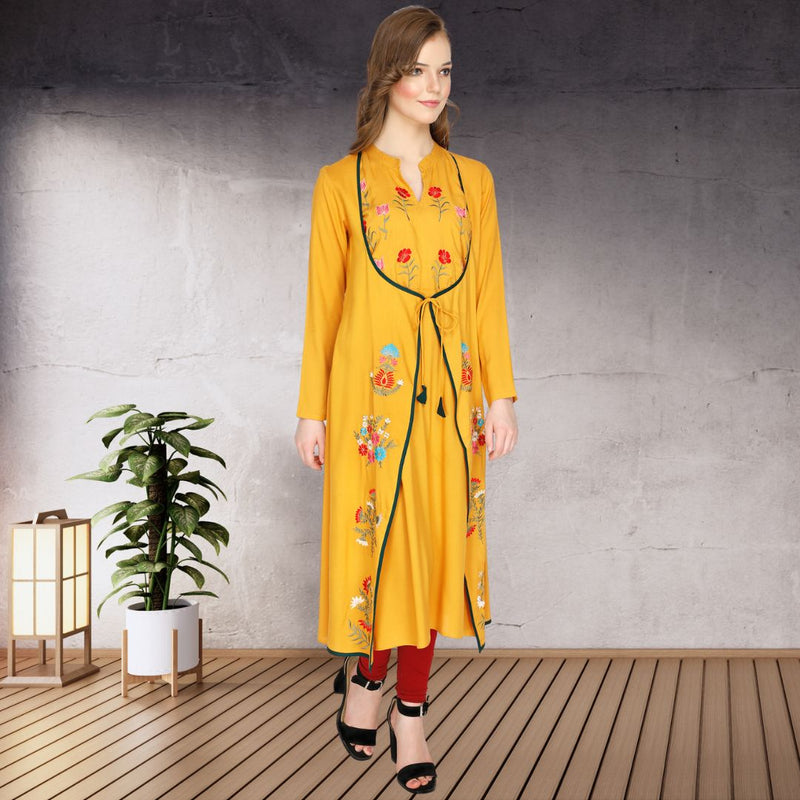 Shrug Style Floral Embroidered Rayon Kurti