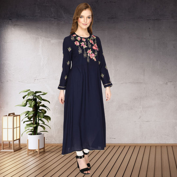 Elegant Floral Embroidered Rayon Kurti