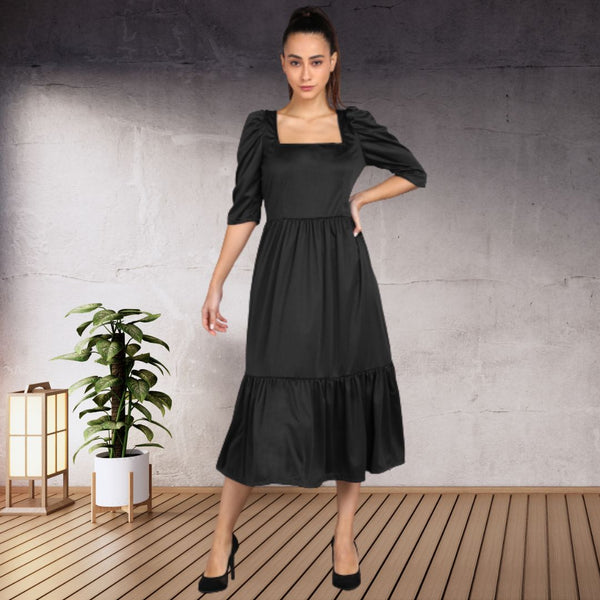 Sleek Sophistication Calf-Length Spandex Black Dress