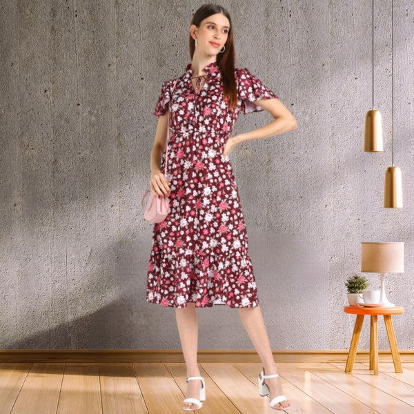 Blossom Radiance Knee-Length Floral Crepe Party Dress