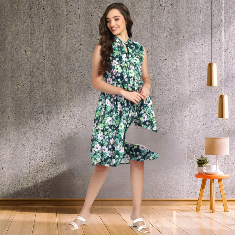 Blooming Elegance Knee-Length Floral Crepe Dress