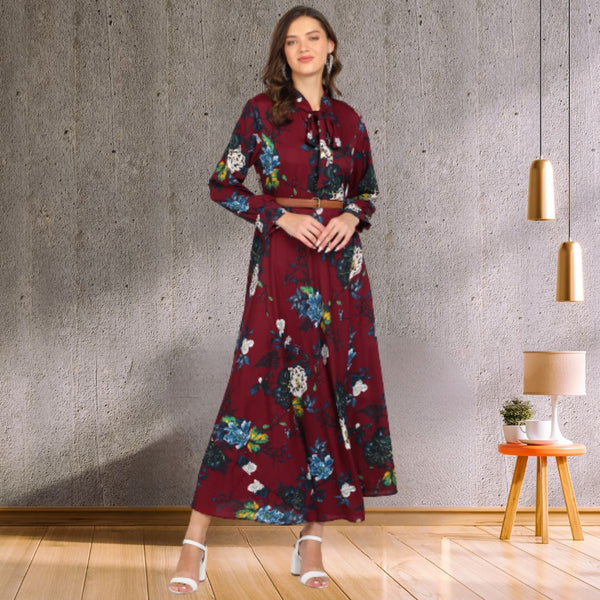 Eternal Bloom Fit and Flare Floral Long Crepe Dress