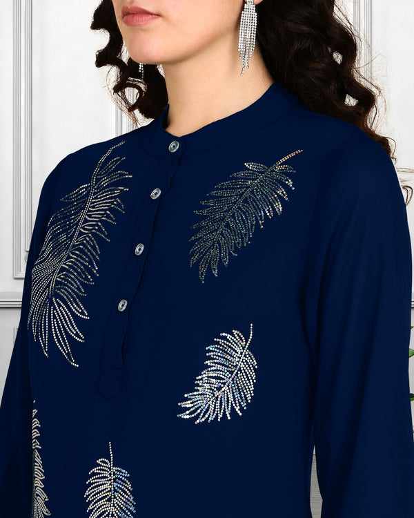 Women Sequins Motifs Embellished Asymmetric Kurti Pant Set