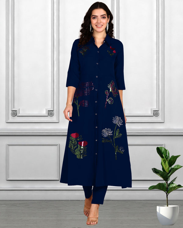 Women Sequins Motifs Embellished Asymmetric Kurti Pant Set