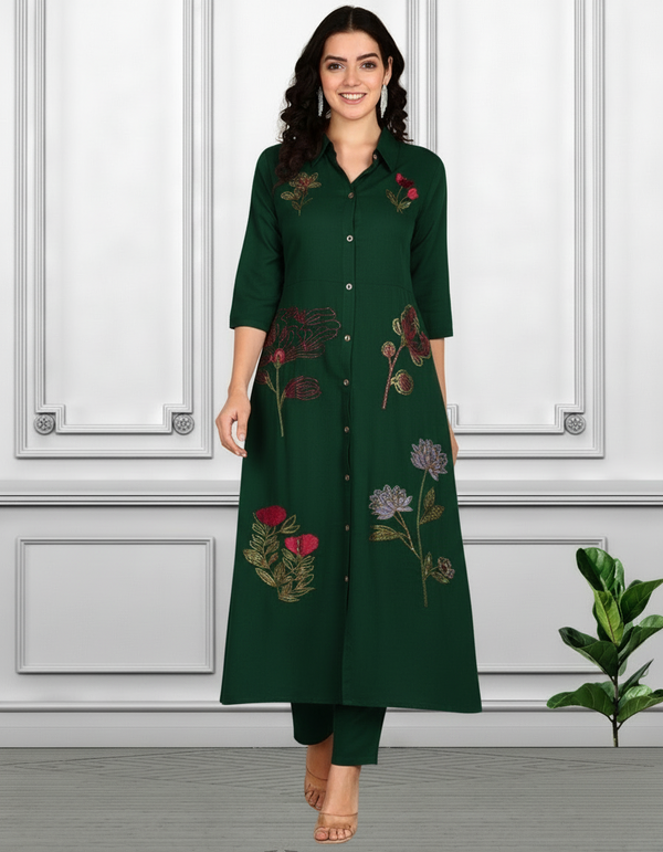 Women Sequins Motifs Embellished Long Kurti Pant Set