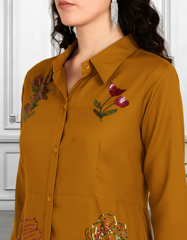 Women Sequins Motifs Embellished Long Kurti Pant Set