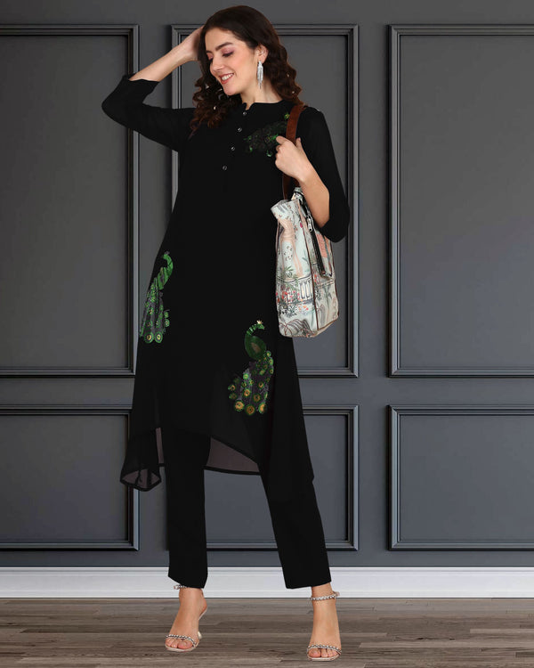 Women's Sequins Motifs Embellished Asymmetric Kurti Pant Set