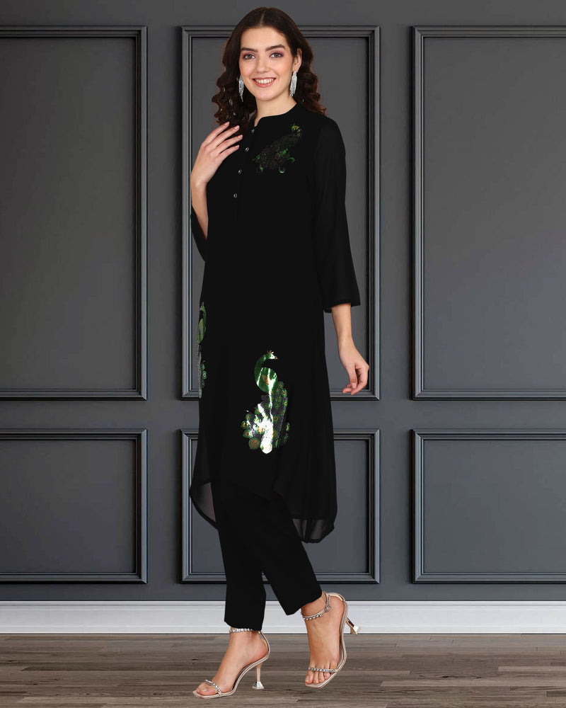 Women's Sequins Motifs Embellished Asymmetric Kurti Pant Set
