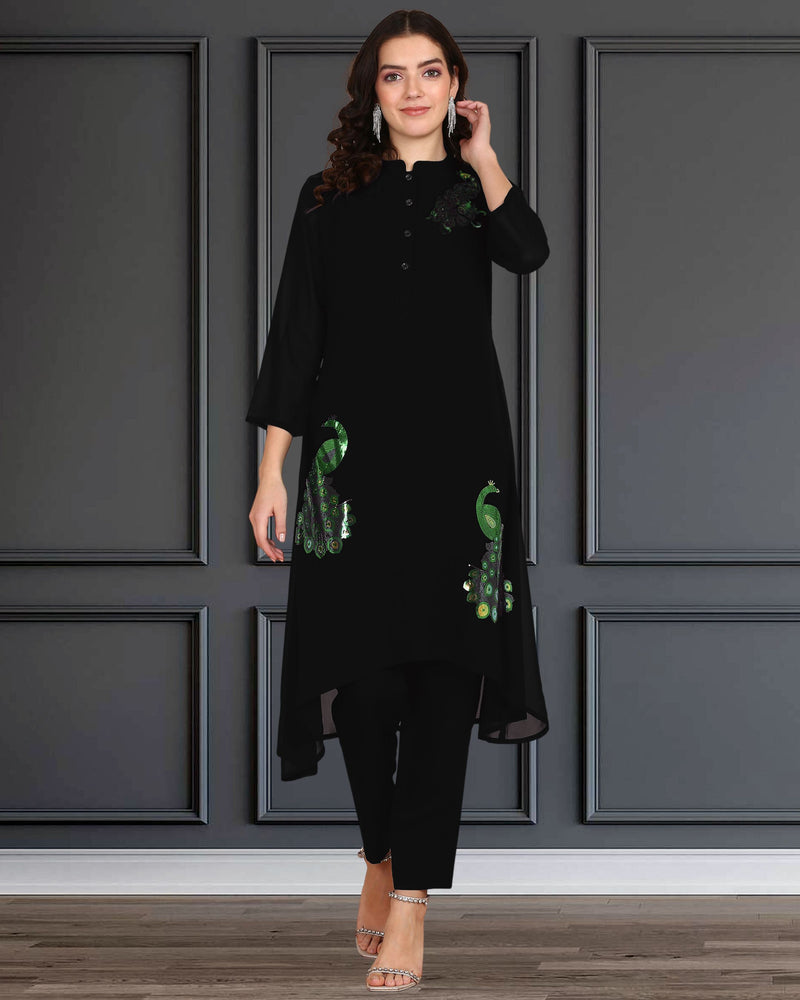 Women's Sequins Motifs Embellished Asymmetric Kurti Pant Set