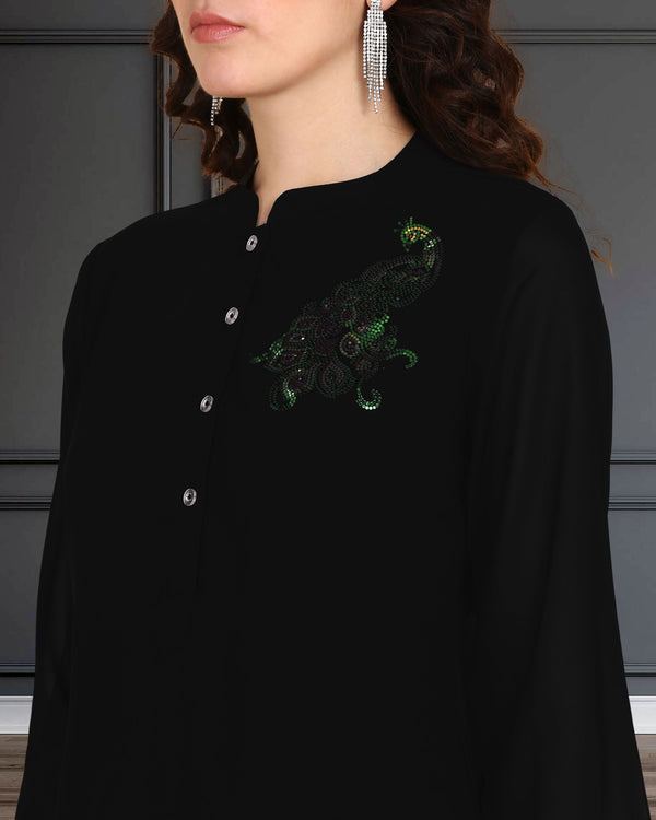 Women's Sequins Motifs Embellished Asymmetric Kurti Pant Set