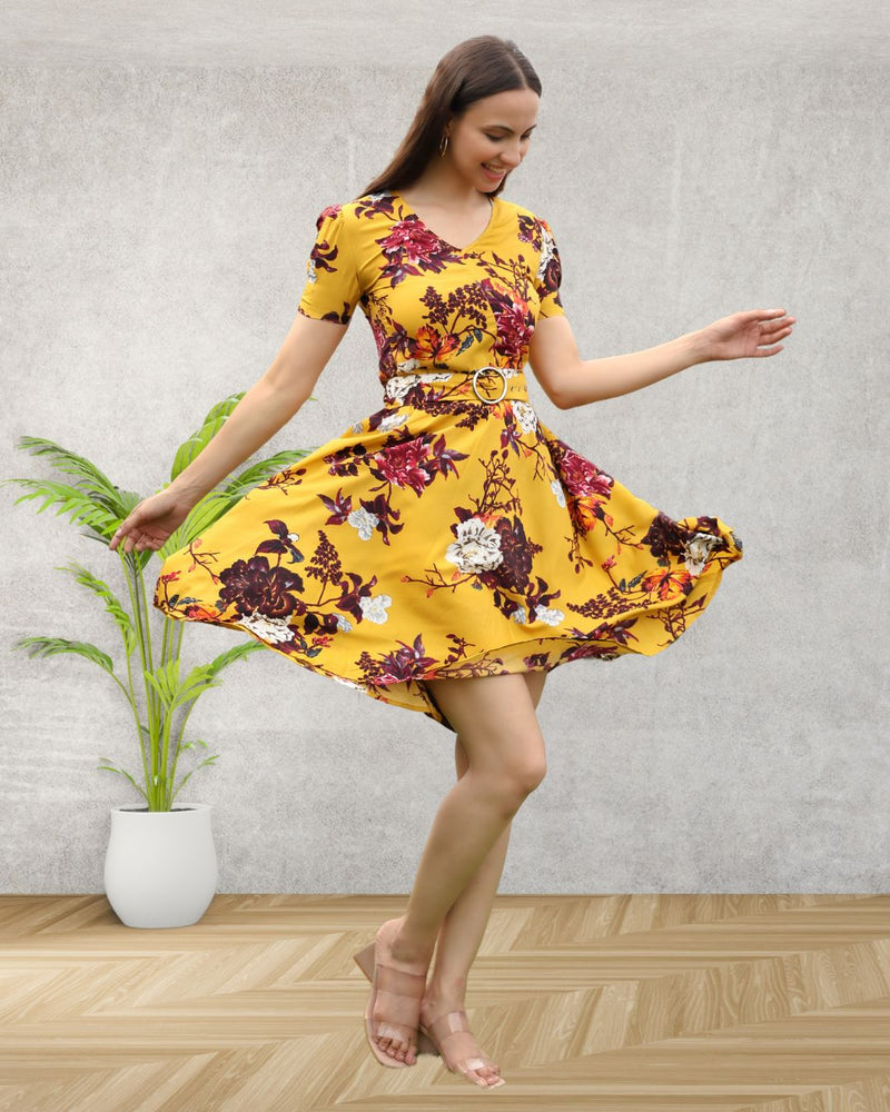 Blooming Elegance Knee-Length Floral Crepe Dress
