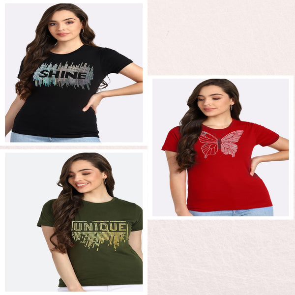 Women’s Cotton Sequin Motif T-Shirt Pack of 3 – ₹799 Only | MRP ₹3,099