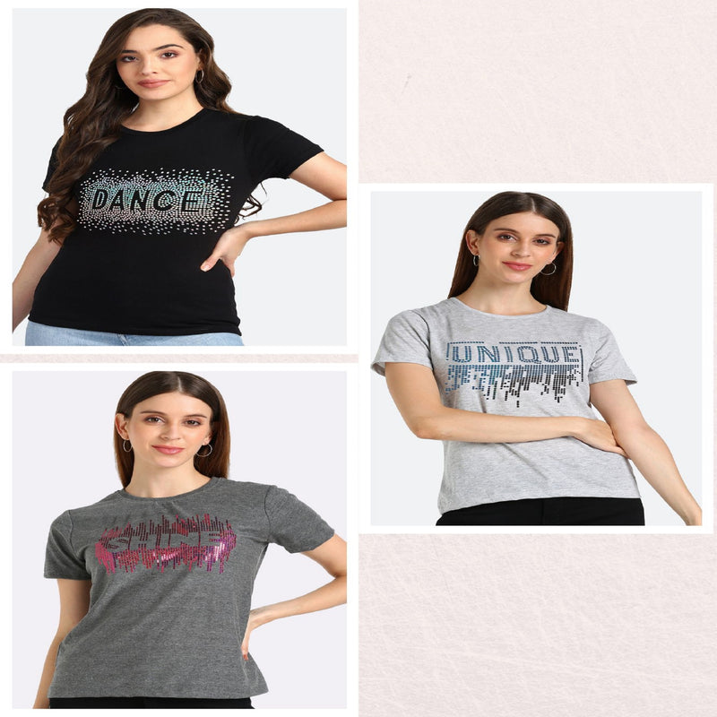 Women’s Cotton Sequin Motif T-Shirt Pack of 3 – ₹799 Only | MRP ₹3,099