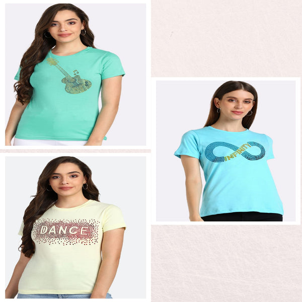 Women’s Cotton Sequin Motif T-Shirt Pack of 3 – ₹799 Only | MRP ₹3,099