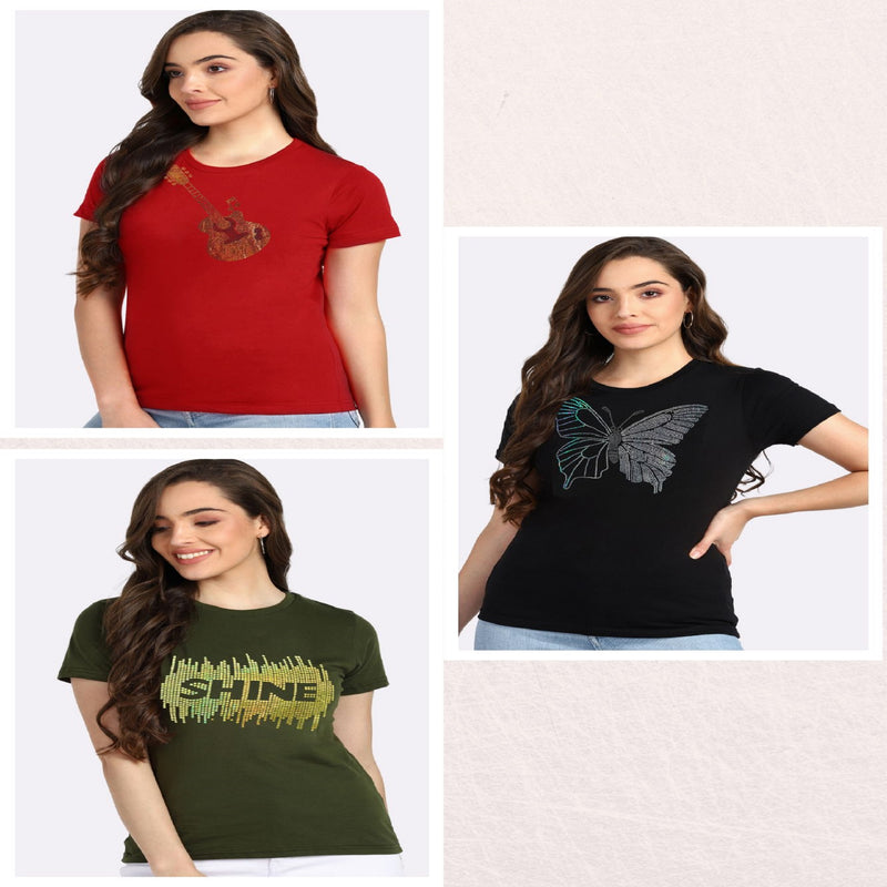 Women’s Cotton Sequin Motif T-Shirt Pack of 3 – ₹799 Only | MRP ₹3,099