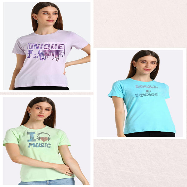 Women’s Cotton Sequin Motif T-Shirt Pack of 3 – ₹799 Only | MRP ₹3,099
