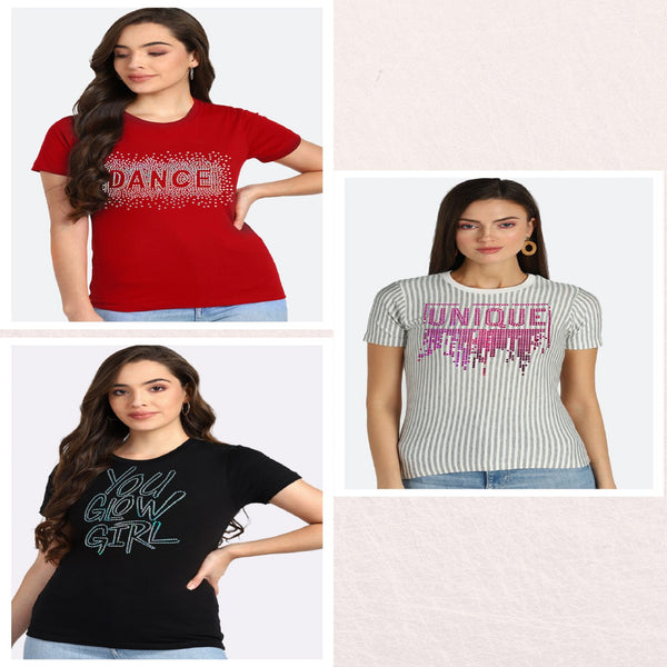 Women’s Cotton Sequin Motif T-Shirt Pack of 3 – ₹799 Only | MRP ₹3,099