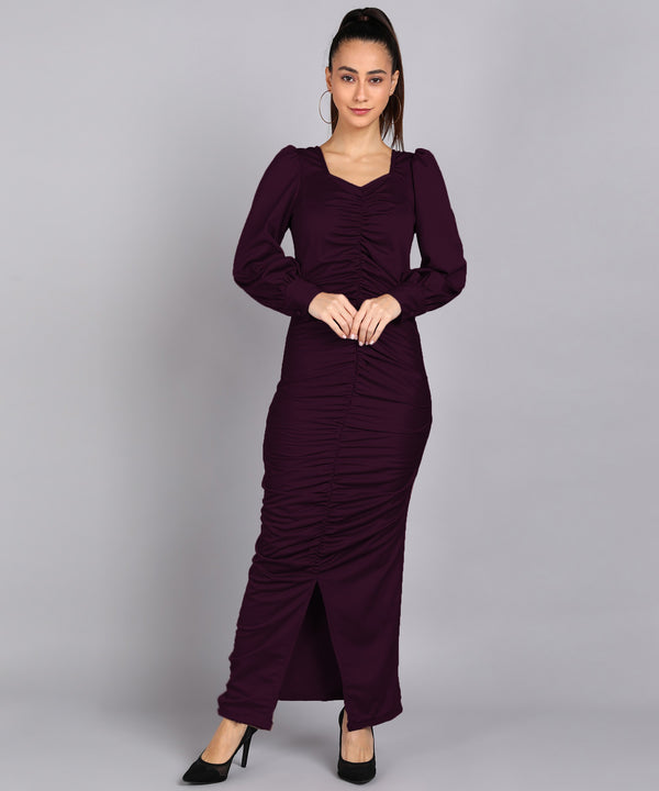 Sultry Sophistication Gathered Front Slit Bodycon Maxi Purple Dress