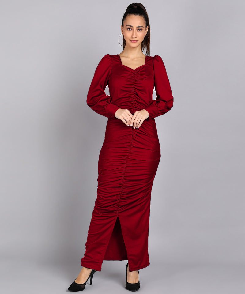 Sultry Sophistication Gathered Front Slit Bodycon Maxi Maroon Dress