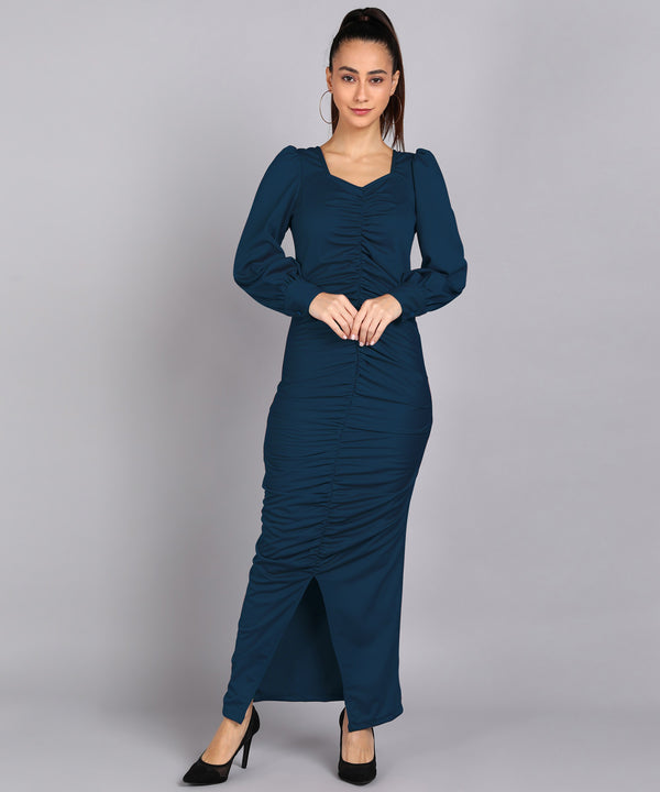 Sultry Sophistication Gathered Front Slit Bodycon Maxi Blue Dress