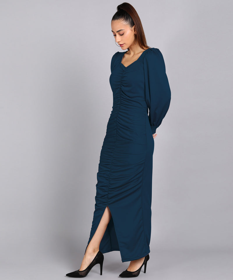 Sultry Sophistication Gathered Front Slit Bodycon Maxi Blue Dress