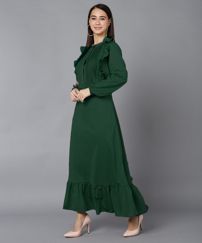 Elegant Pleated Ankle-Length Frilled Spandex Olive Green Dress