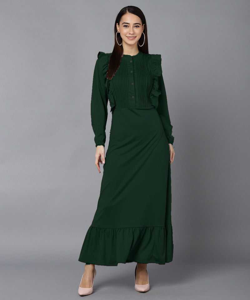 Elegant Pleated Ankle-Length Frilled Spandex Olive Green Dress