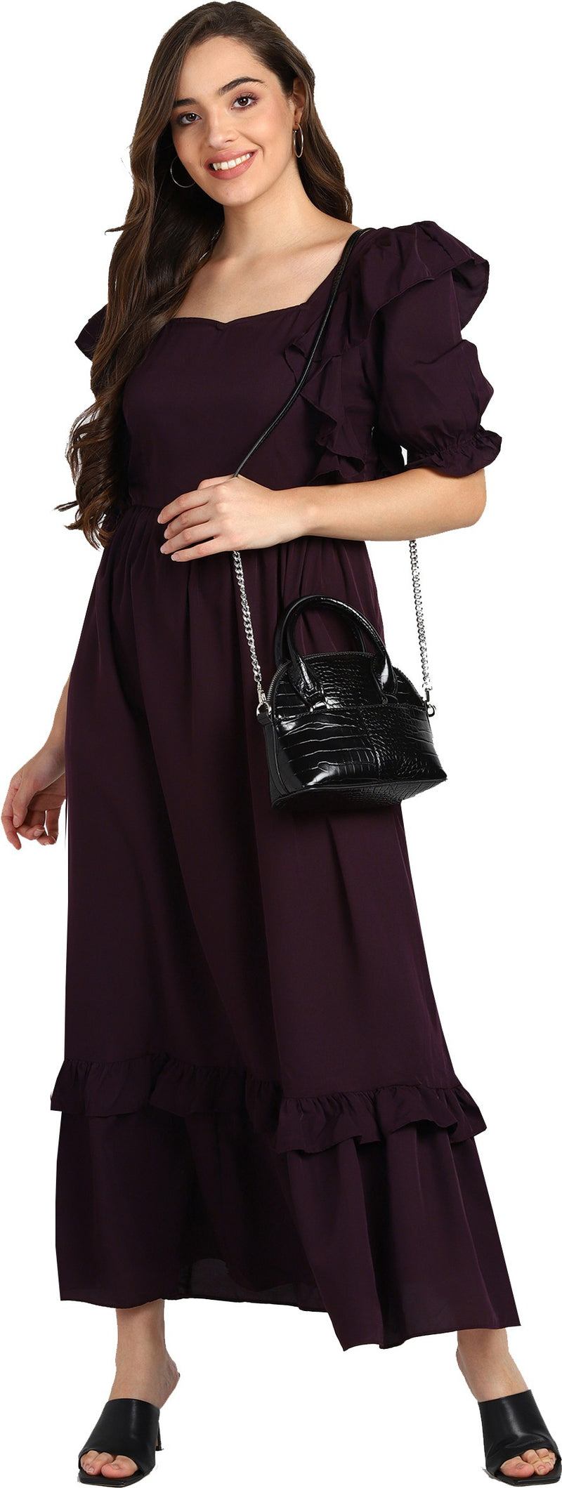 Elegant Frilled Ankle-Length Spandex Purple Maxi Dress