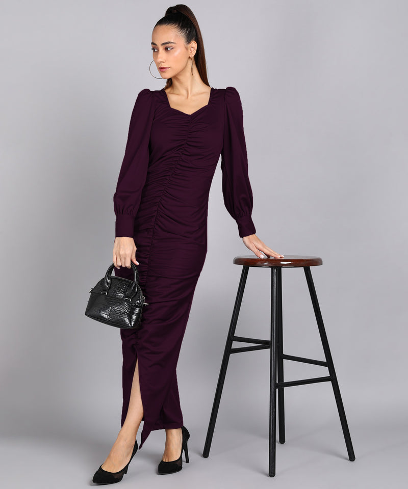 Sultry Sophistication Gathered Front Slit Bodycon Maxi Purple Dress