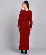 Sultry Sophistication Gathered Front Slit Bodycon Maxi Maroon Dress