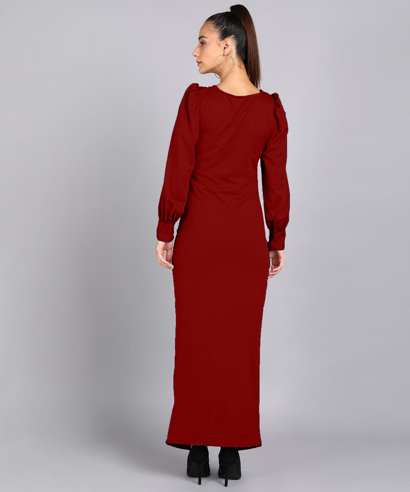 Sultry Sophistication Gathered Front Slit Bodycon Maxi Maroon Dress