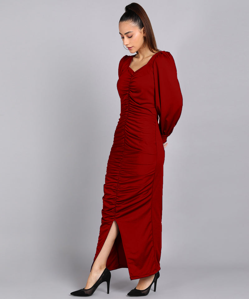 Sultry Sophistication Gathered Front Slit Bodycon Maxi Maroon Dress