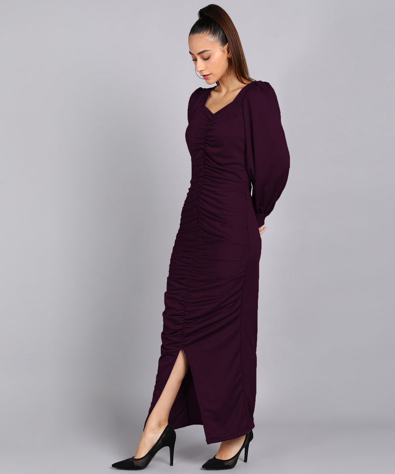 Sultry Sophistication Gathered Front Slit Bodycon Maxi Purple Dress