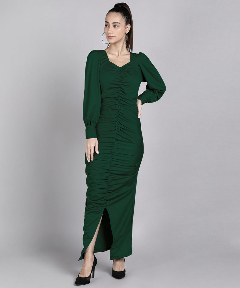 Sultry Sophistication Gathered Front Slit Bodycon Maxi Olive Green Dress