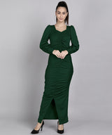 Sultry Sophistication Gathered Front Slit Bodycon Maxi Olive Green Dress