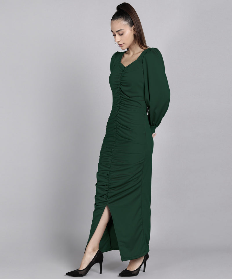 Sultry Sophistication Gathered Front Slit Bodycon Maxi Olive Green Dress